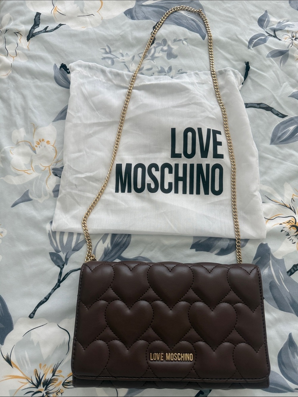 Love Moschino Chocolate Brown Quilted Heart Crossbody with Gold Chain